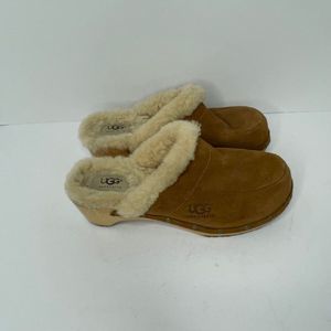 UGG Brown Suede Leather Shearling Mules